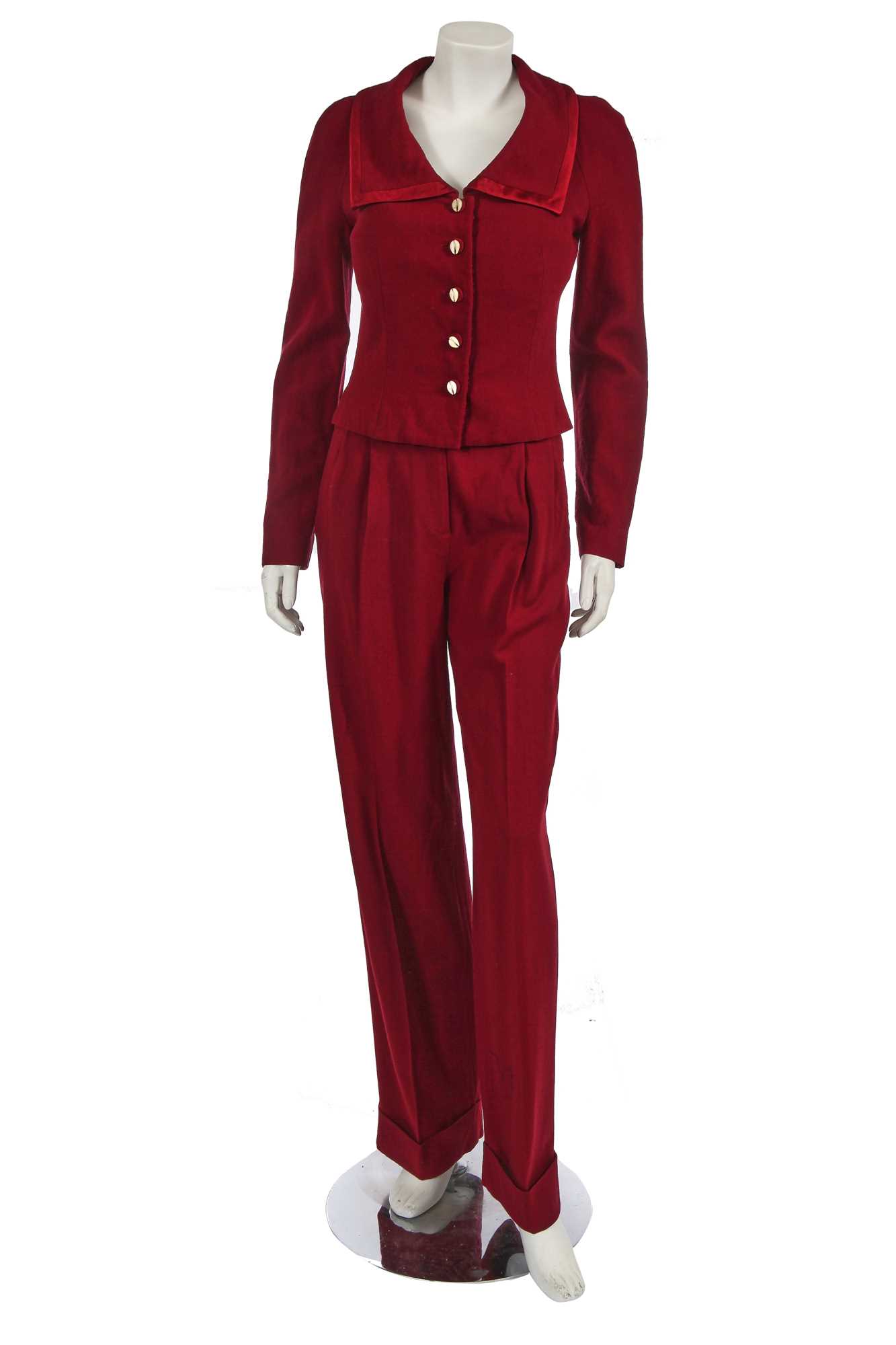 Lot 299 - A John Galliano burgundy wool crêpe suit, 'Maori' collection, Autumn-Winter 1999-2000