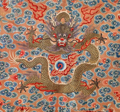 Lot 426 - A woman's finely embroidered apricot-yellow dragon robe, jifu, Chinese, early 19th century