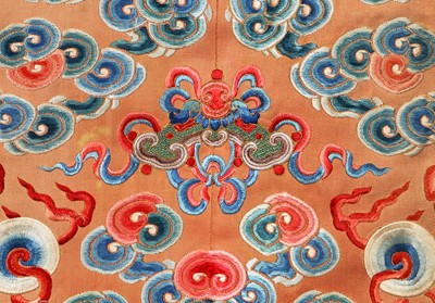 Lot 426 - A woman's finely embroidered apricot-yellow dragon robe, jifu, Chinese, early 19th century