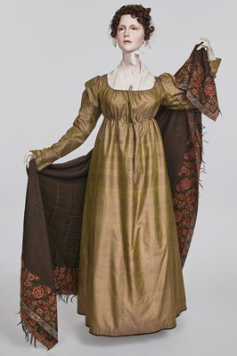 Lot 40 - A green/mauve shot sarsanet dress, French, circa 1805