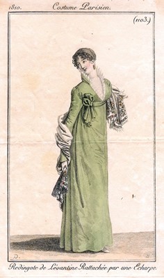 Lot 95 - A taupe twill shot sarsanet evening dress, circa 1812