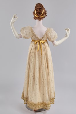 Lot 49 - A gold embroidered silk tulle dance dress, French, circa 1807