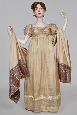 Lot 60 - A striped gold silk gauze ball gown, English, circa 1810