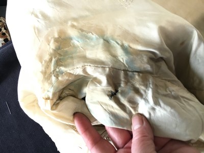 Lot 14 - A gentleman's blue and green voided velvet tailcoat, French, circa 1800