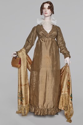 Lot 82 - A green-brown shot silk taffeta dress, French, circa 1810
