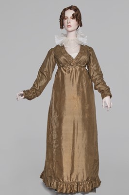 Lot 82 - A green-brown shot silk taffeta dress, French, circa 1810