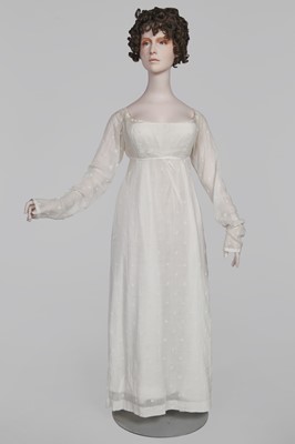 Lot 29 - A clouded satin-striped poplin over dress and a muslin gown, circa 1805