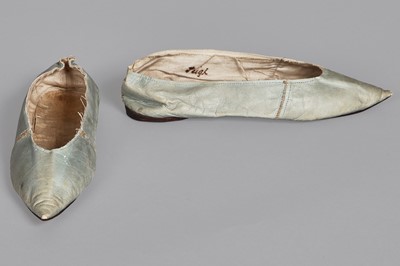 Lot 12 - A pair of blue kid leather slippers, 1790-1800