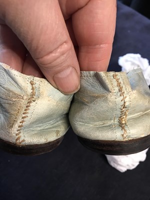 Lot 12 - A pair of blue kid leather slippers, 1790-1800