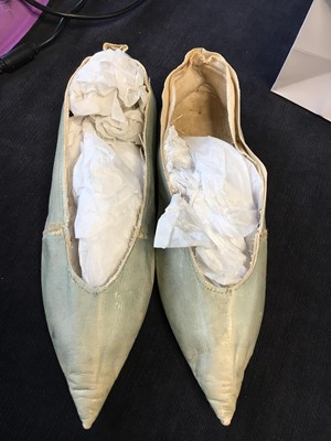 Lot 12 - A pair of blue kid leather slippers, 1790-1800