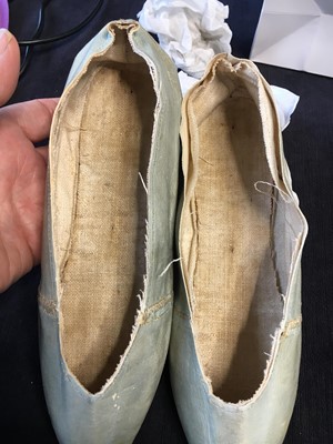 Lot 12 - A pair of blue kid leather slippers, 1790-1800