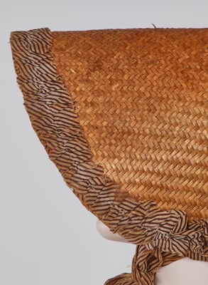 Lot 107 - A rare woven wood and striped cotton bonnet, circa 1806