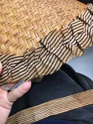 Lot 107 - A rare woven wood and striped cotton bonnet, circa 1806
