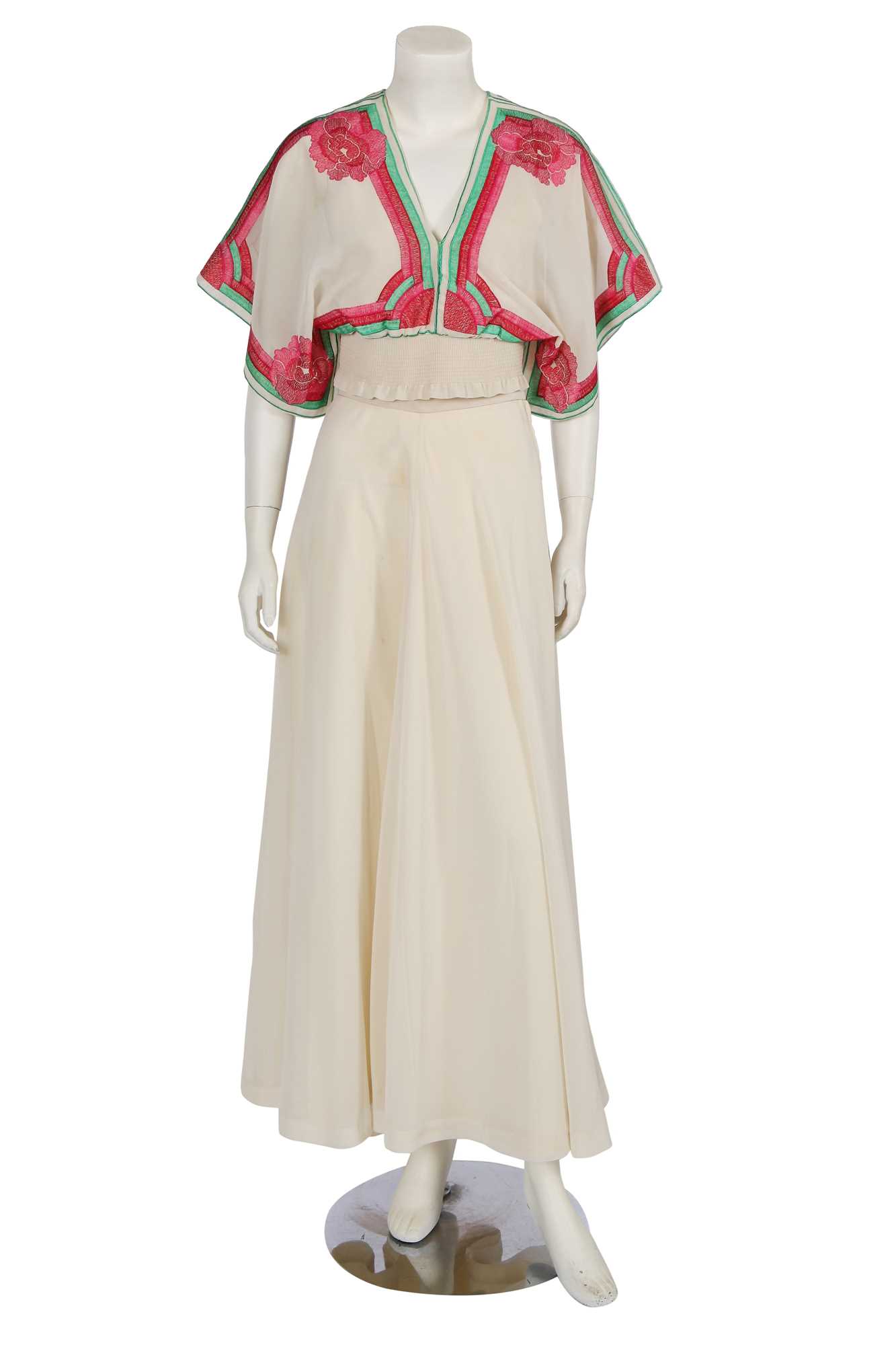 Lot 511 - A Janice Wainwright embroidered cream chiffon ensemble, 1970s