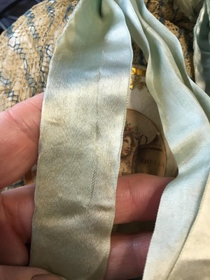 Lot 9 - A blue and ivory silk net purse with printed motifs, English, 1790-1810