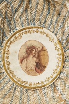 Lot 9 - A blue and ivory silk net purse with printed motifs, English, 1790-1810