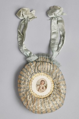 Lot 9 - A blue and ivory silk net purse with printed motifs, English, 1790-1810