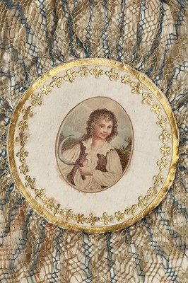 Lot 9 - A blue and ivory silk net purse with printed motifs, English, 1790-1810