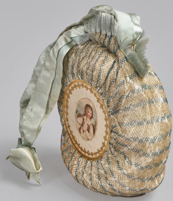 Lot 9 - A blue and ivory silk net purse with printed motifs, English, 1790-1810
