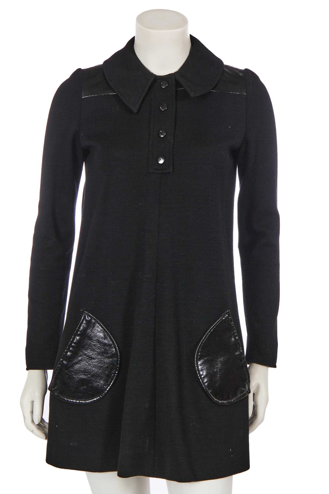 Lot 559 - Mary Quant's own Mary Quant black wool and patent leather mini dress, circa 1966