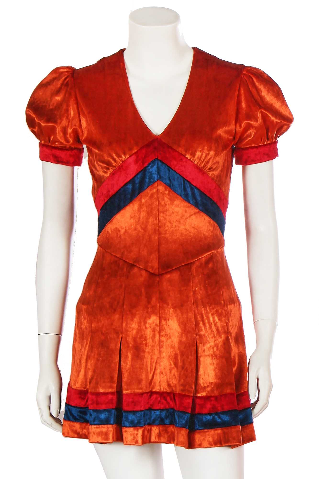 Lot 553 - Mary Quant's own Mary Quant orange, red and blue velour mini 'skater' dress ensemble, circa 1970