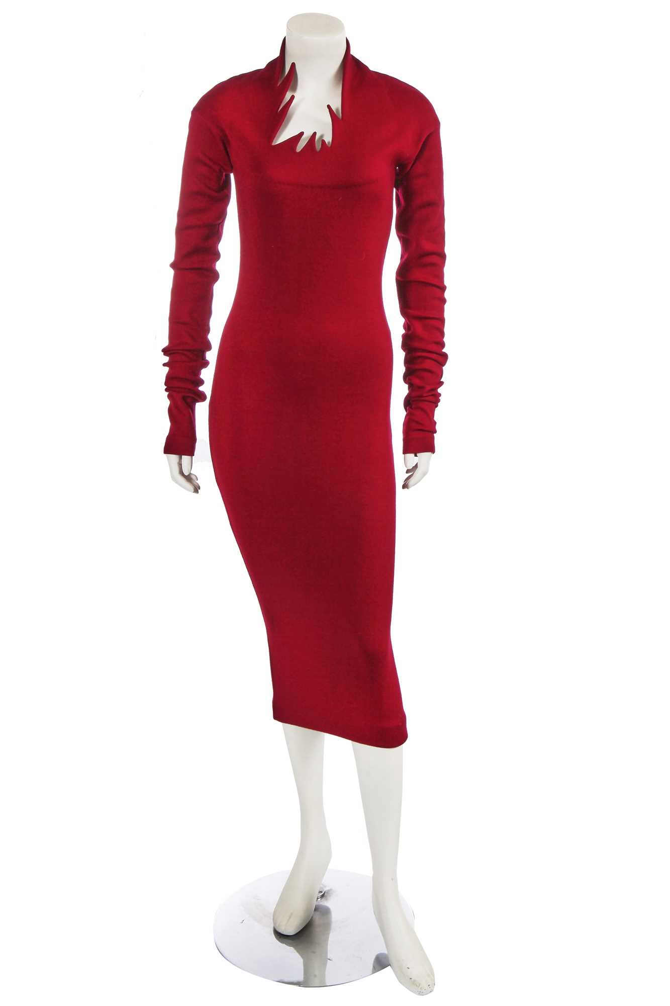 Lot 347 - A Romeo Gigli burgundy wool jersey 'flame' dress, Autumn-Winter 1990-91