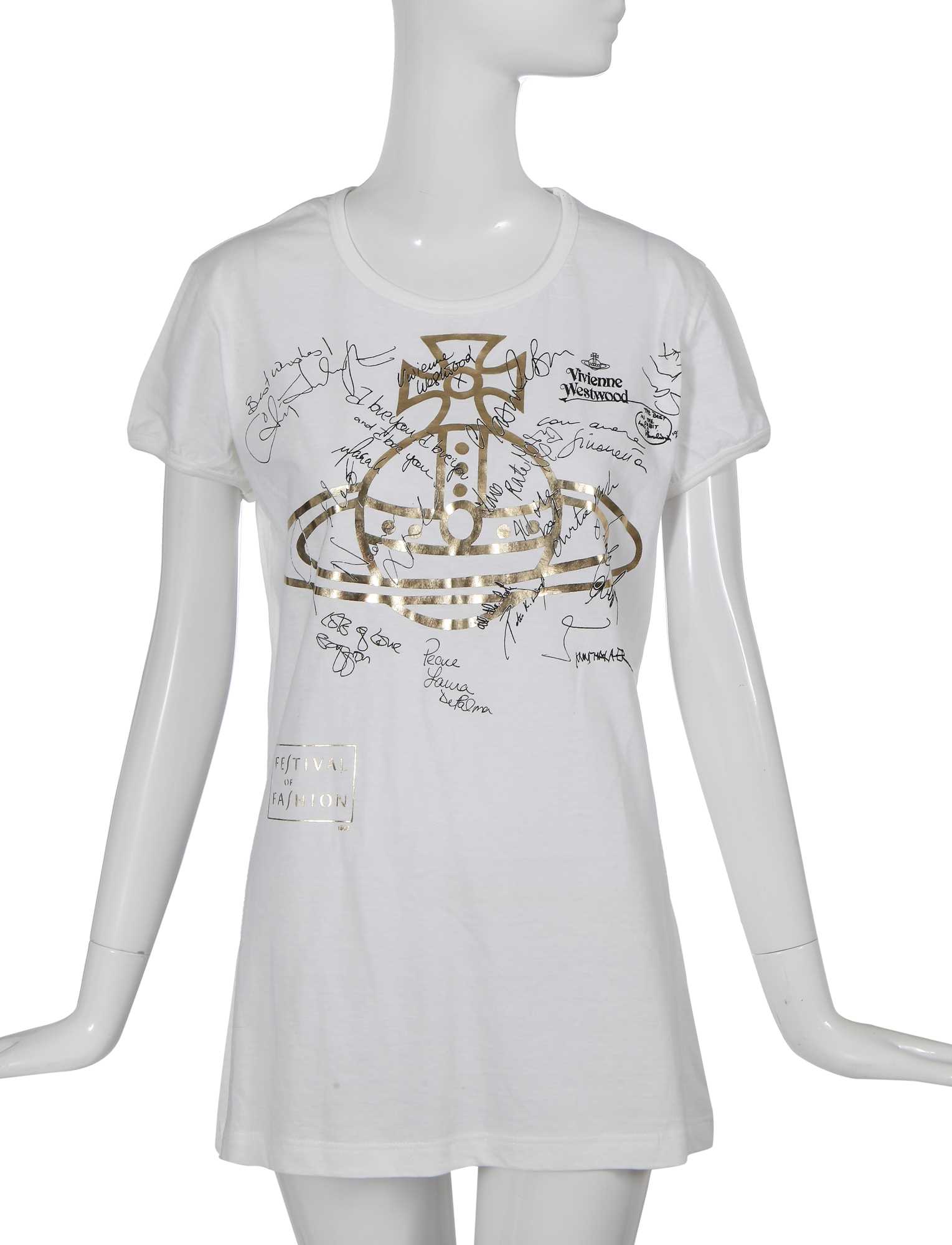 Lot 210 - A group of models' signatures and corresponding Vivienne Westwood t-shirt, 'Anglomania/Grand Hotel collection' collection, 1993