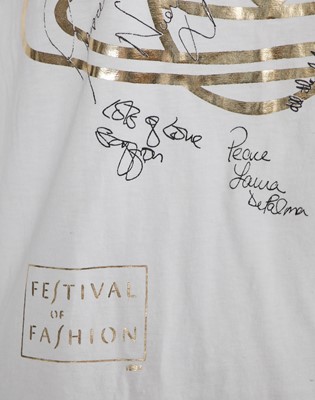 Lot 210 - A group of models' signatures and corresponding Vivienne Westwood t-shirt, 'Anglomania/Grand Hotel collection' collection, 1993