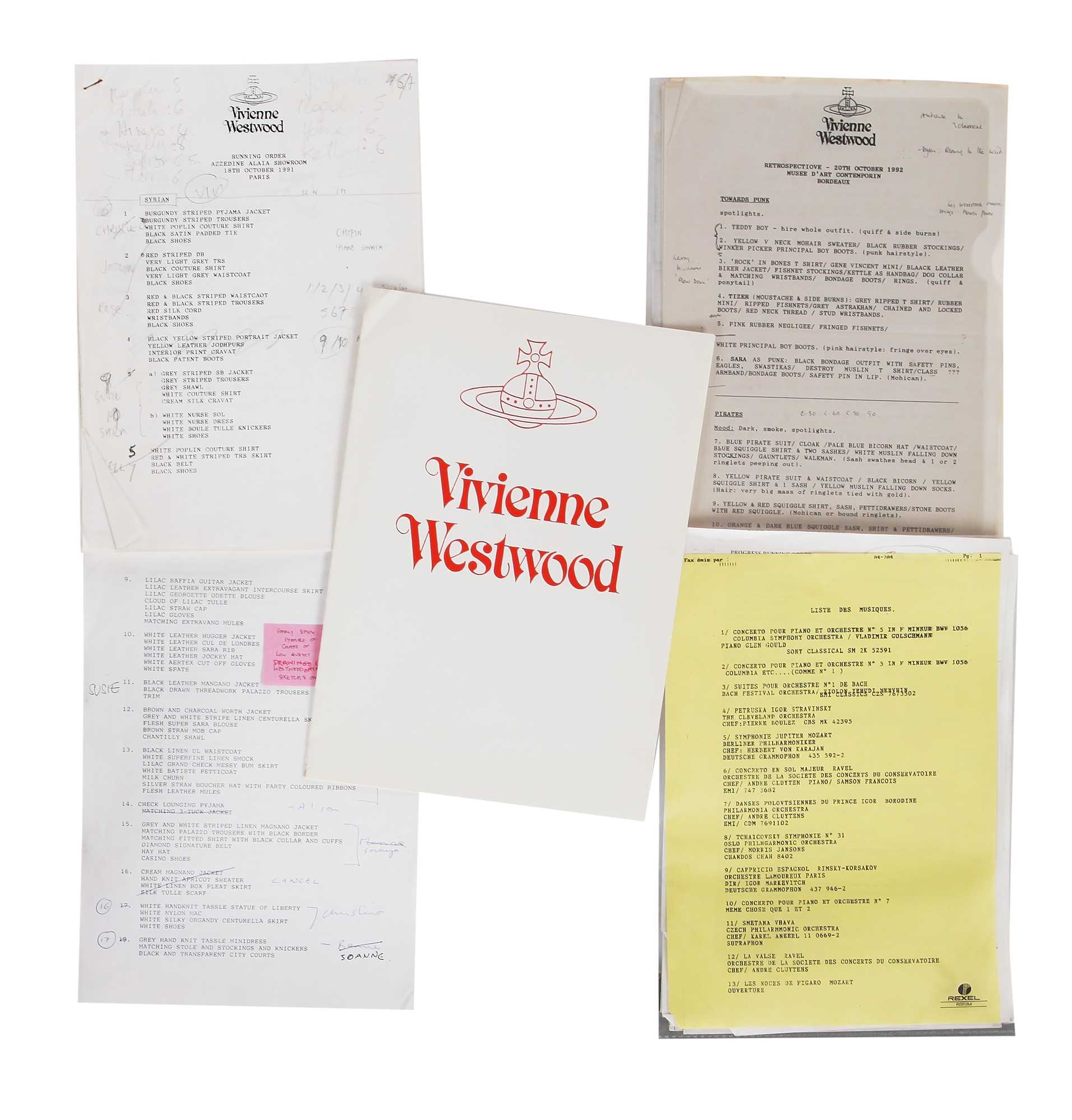 Lot 332 - A group of Vivienne Westwood hand-annotated runway running orders and ephemera, 1990s