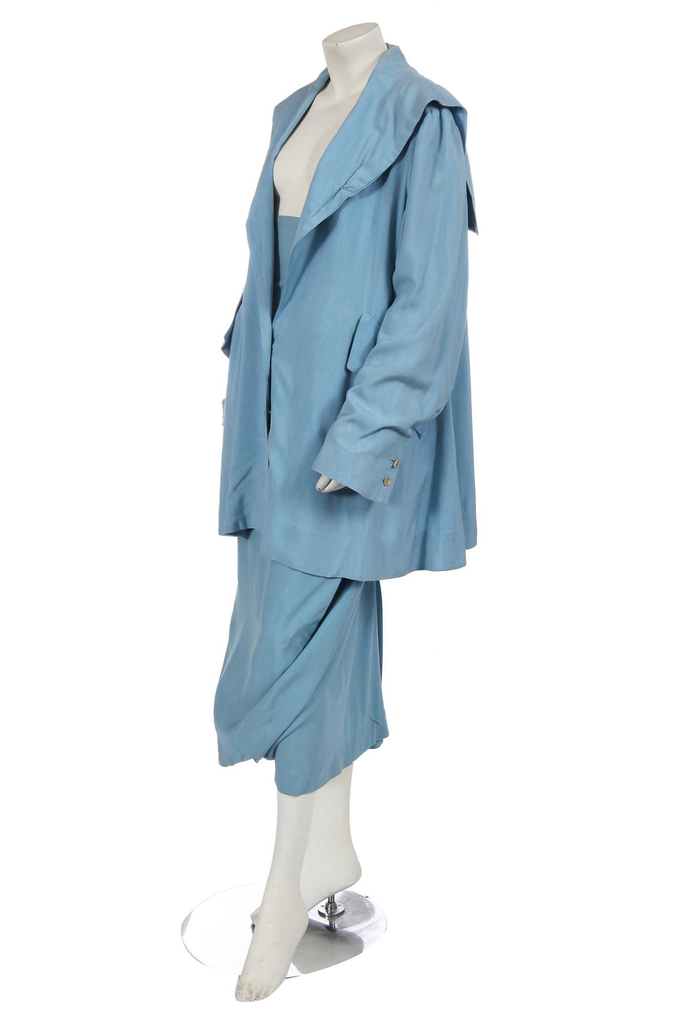 Lot 413 - A John Galliano baby blue cotton suit, 'Panniers' collection, Spring-Summer 1987