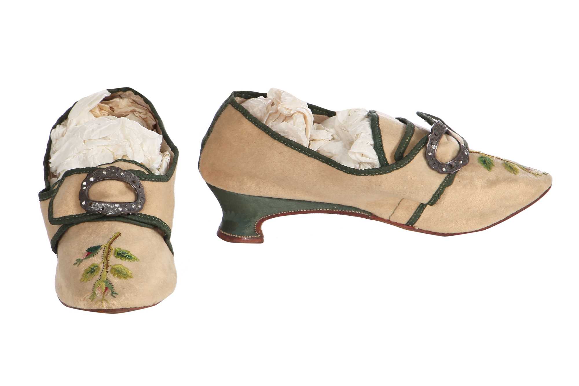 Lot 527 - A pair of embroidered ivory felted wool shoes, 1770s