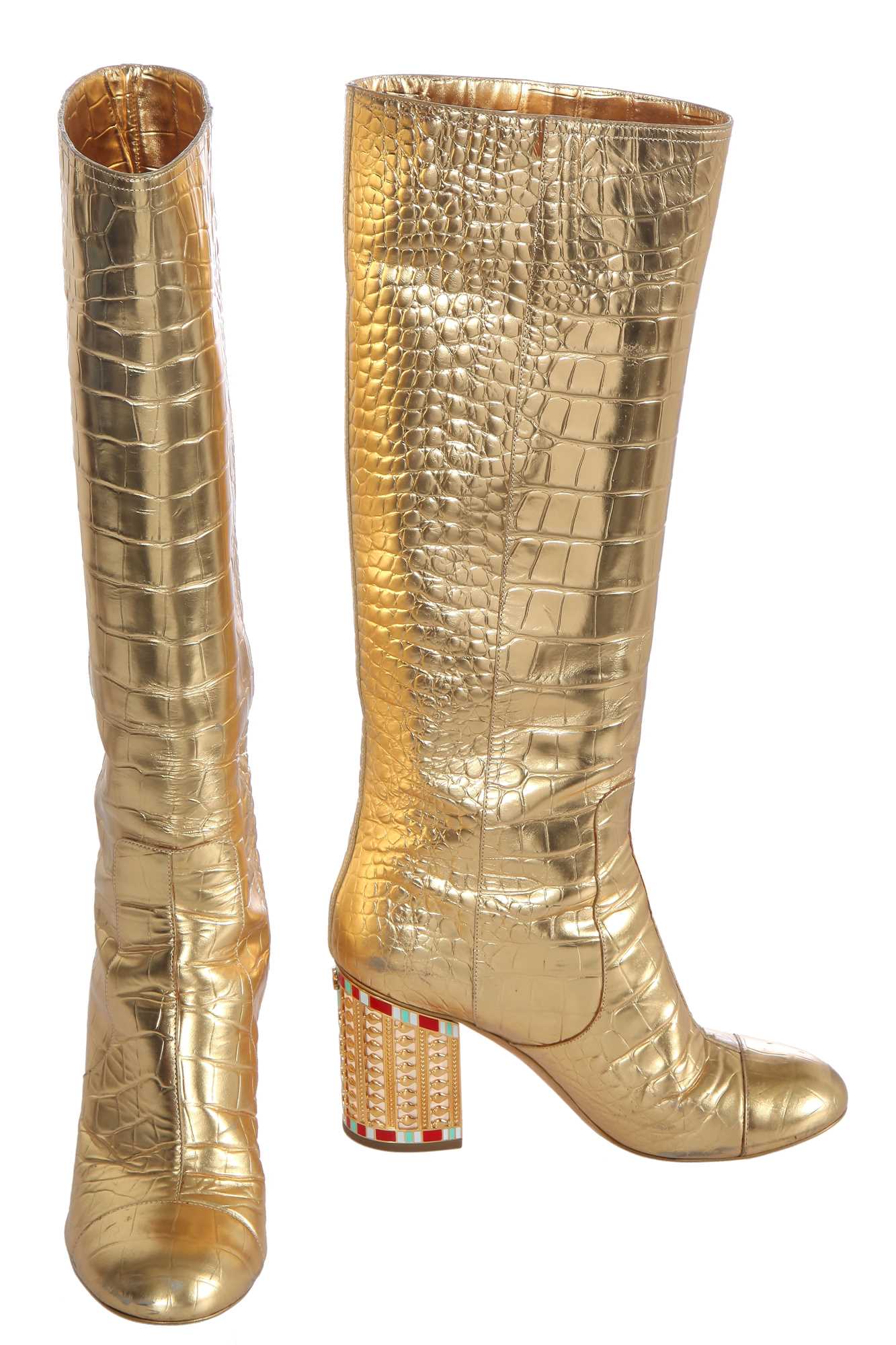 Lot 6 - A pair of Chanel by Karl Lagerfeld gold croc-embossed knee-high leather boots, 'Egyptomania' collection, Métiers d'Art, Pre-Fall 2019