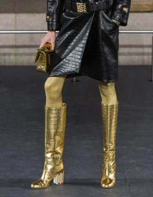 Lot 6 - A pair of Chanel by Karl Lagerfeld gold croc-embossed knee-high leather boots, 'Egyptomania' collection, Métiers d'Art, Pre-Fall 2019
