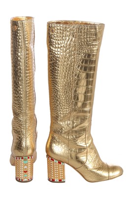 Lot 6 - A pair of Chanel by Karl Lagerfeld gold croc-embossed knee-high leather boots, 'Egyptomania' collection, Métiers d'Art, Pre-Fall 2019
