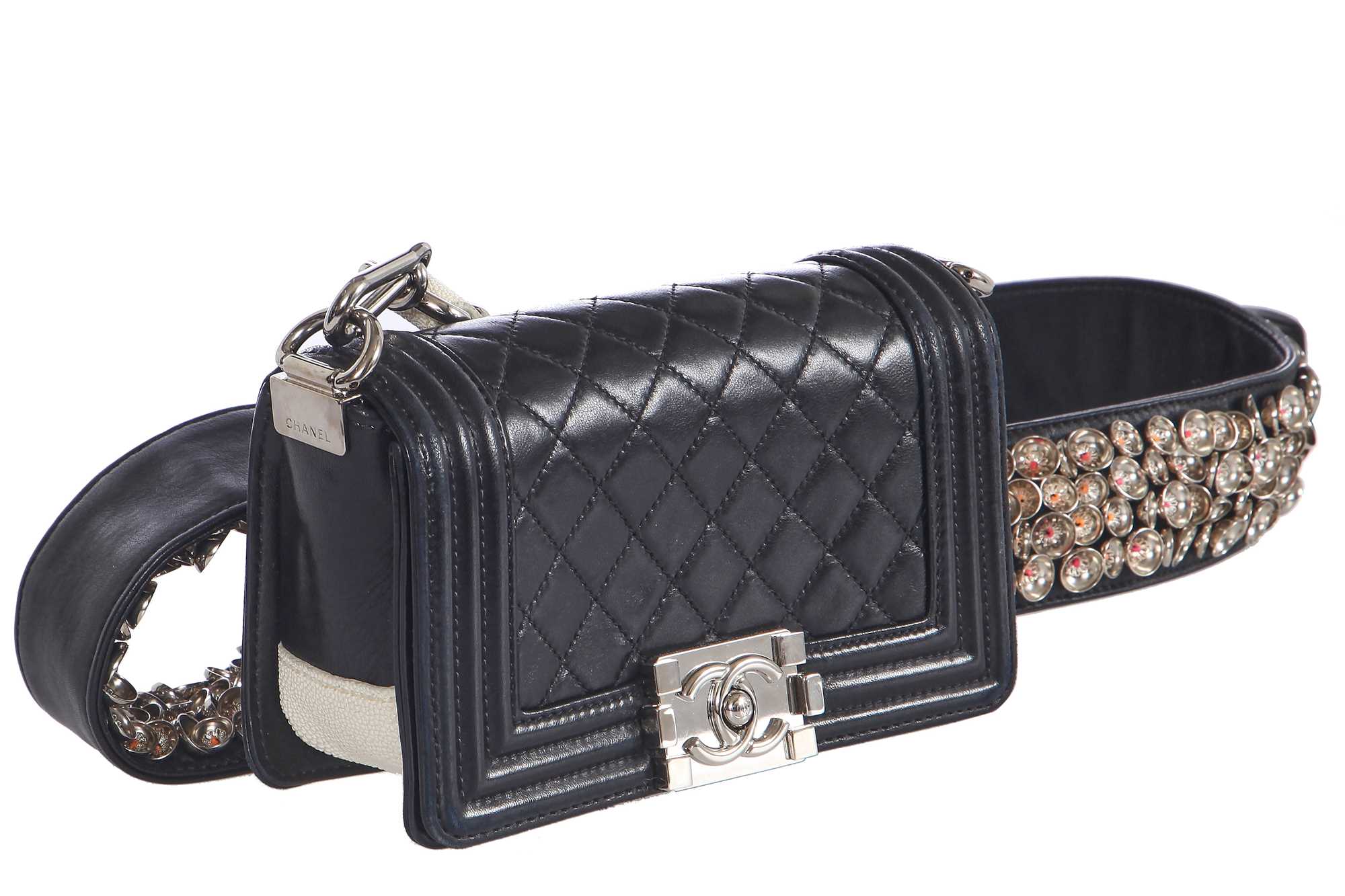 Lot 24 - A Chanel by Karl Lagerfeld black leather Boy bag with embellished strap, 'Paris-Bombay' collection, Métiers d'Art, Pre-Fall 2012