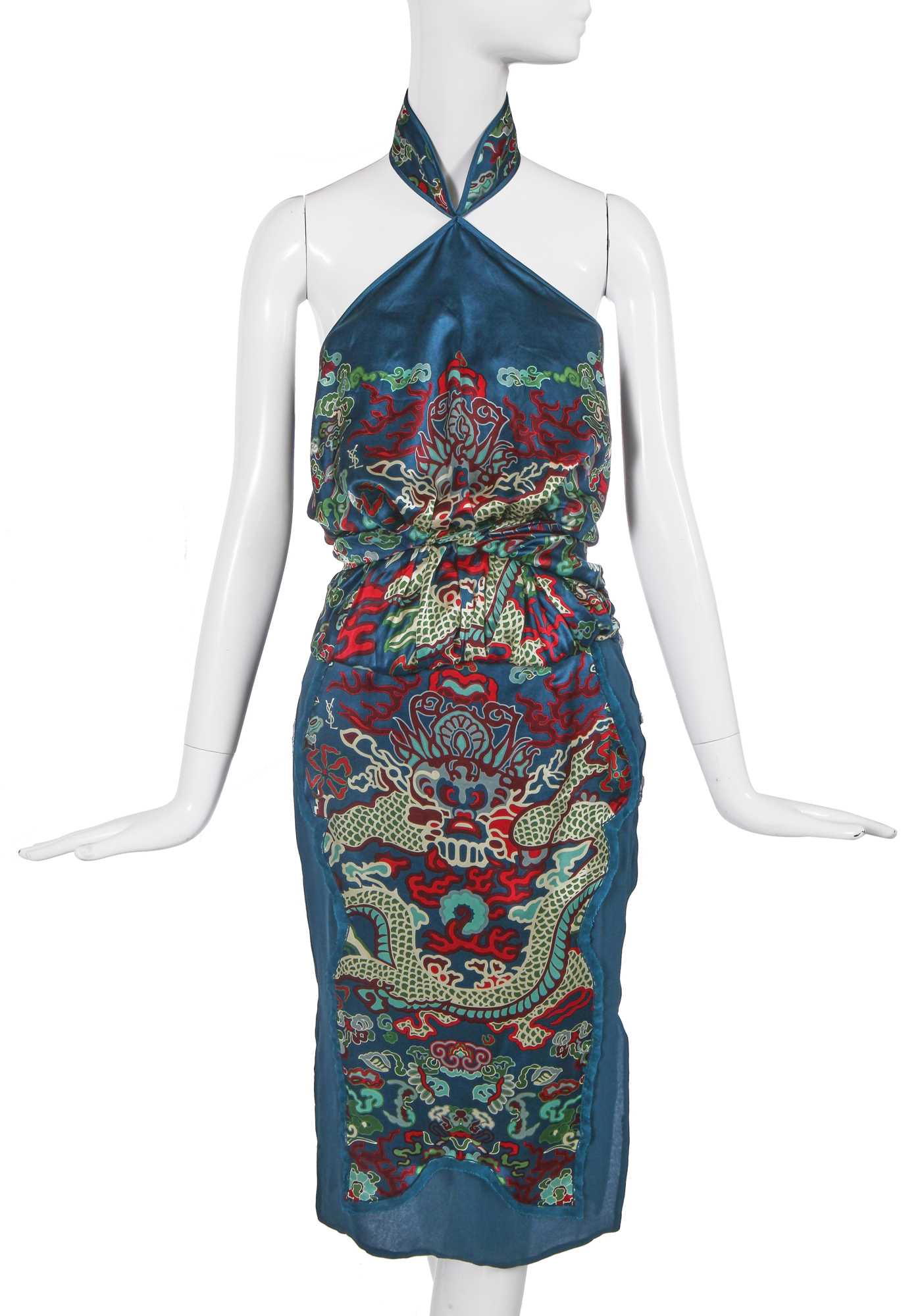 Lot 125 - An Yves Saint Laurent by Tom Ford printed teal silk ensemble, Autumn-Winter 2004-05
