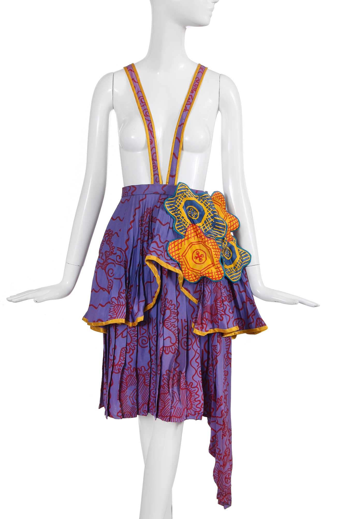 Lot 297 - A Zandra Rhodes printed rayon crêpe pinafore skirt, 'Paris, Frills and Button Flowers' collection, Autumn-Winter 1971-72