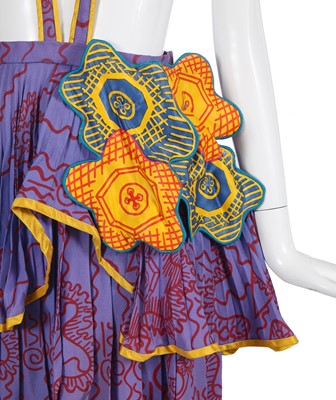 Lot 297 - A Zandra Rhodes printed rayon crêpe pinafore skirt, 'Paris, Frills and Button Flowers' collection, Autumn-Winter 1971-72