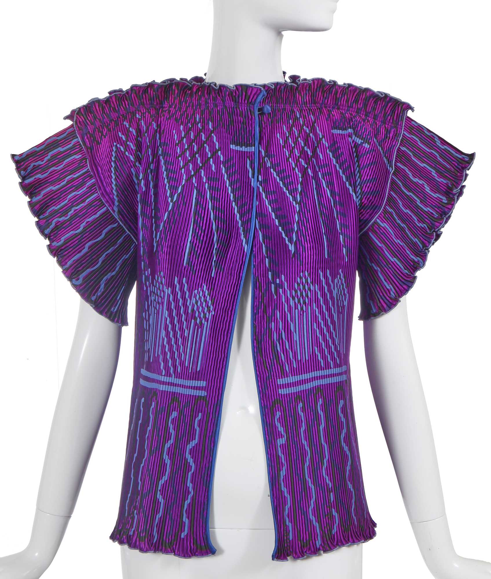 Lot 323 - A Zandra Rhodes printed pleated satin jacket, 'Mexican' collection, Autumm-Winter 1976-77