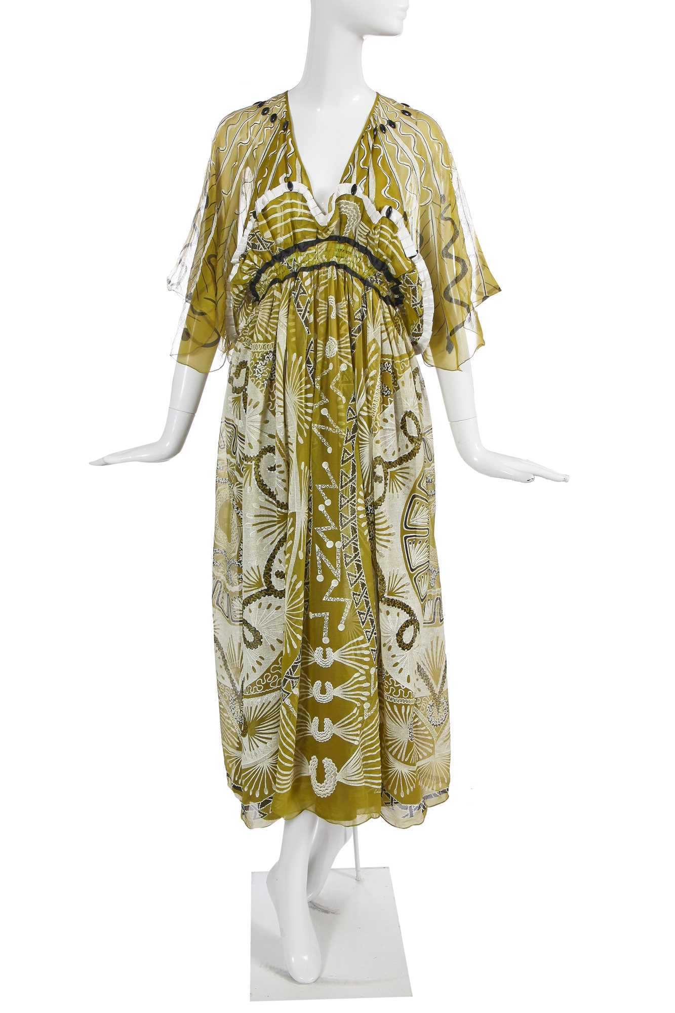 Lot 325 - A Zandra Rhodes printed chiffon dress, 'Mexican' collection, Autumm-Winter 1976-77