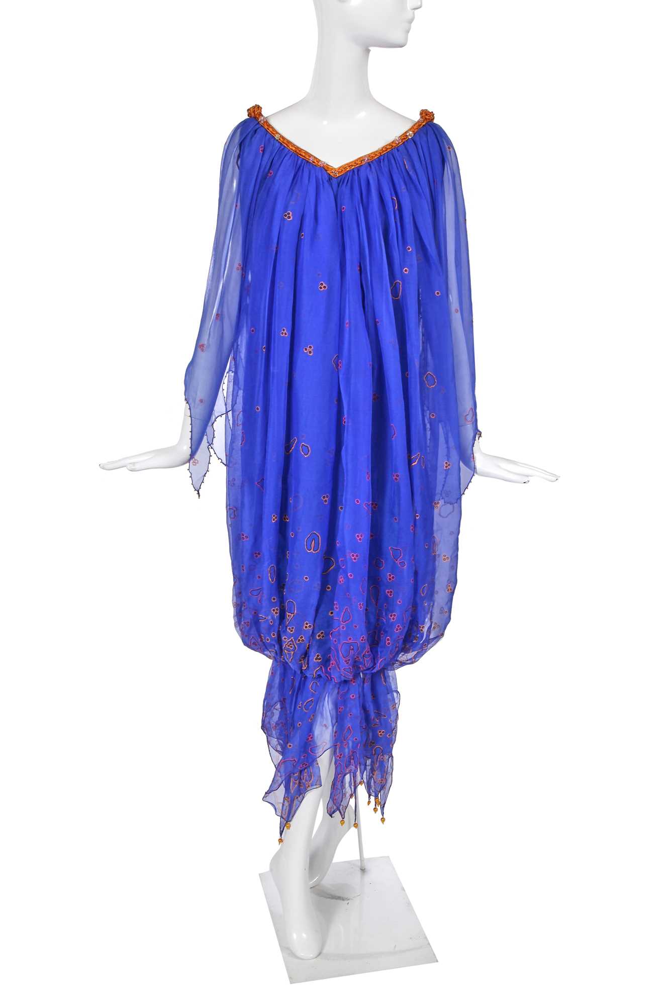 Lot 328 - A Zandra Rhodes blue chiffon 'Torn Micro Broderie' print dress, 'Conceptual Chic' collection, Spring-Summer 1977/78
