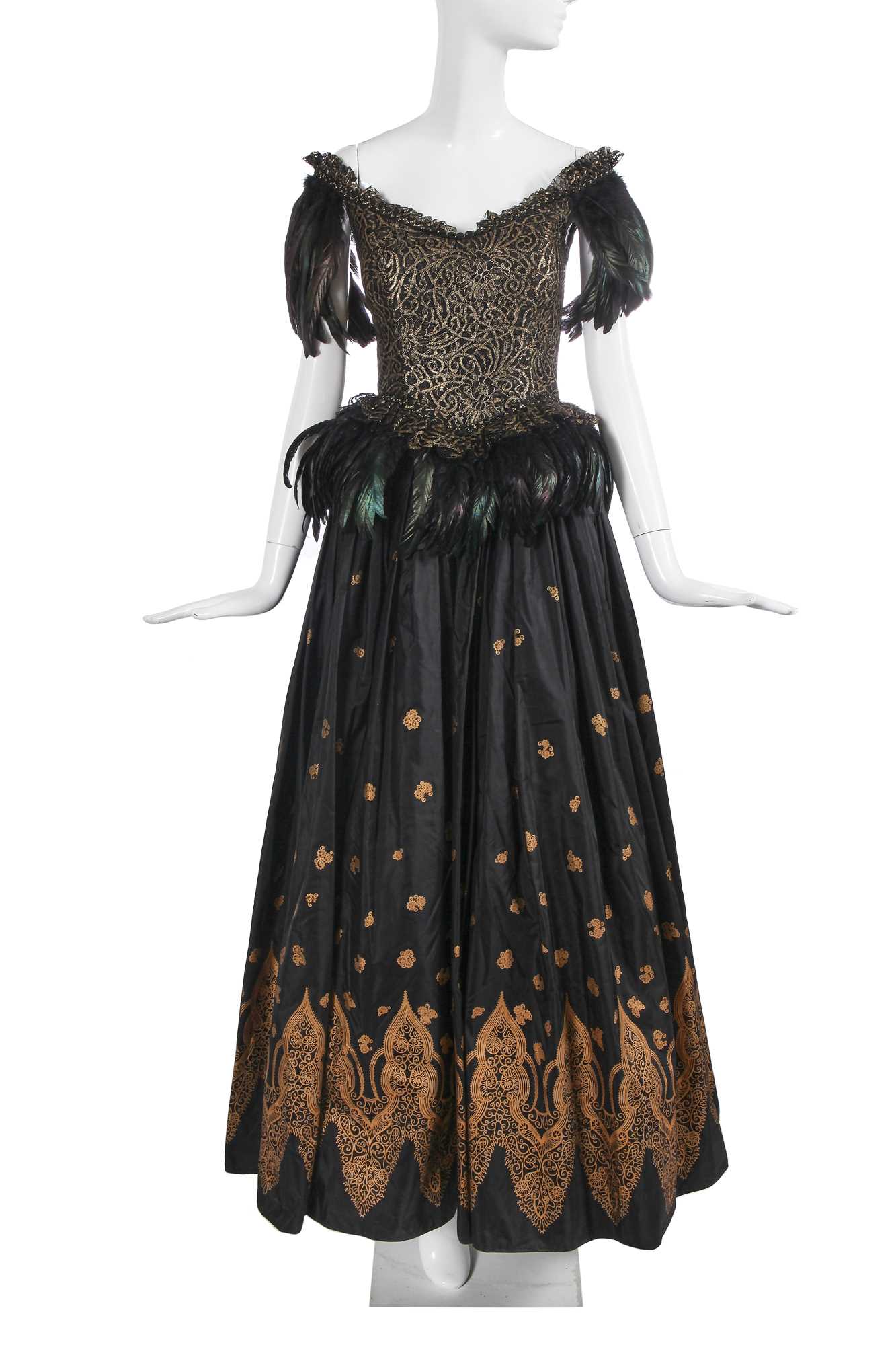 Lot 367 - A Zandra Rhodes printed ballgown, 'Temples and Lotuses' collection, Autumn-Winter 1990