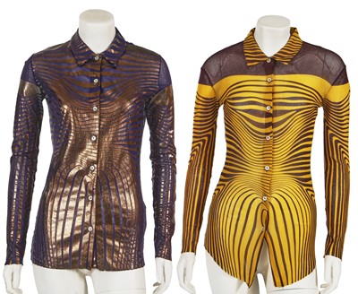 Lot 472 - Two Jean Paul Gaultier body-contour printed polyamide mesh blouses, 'Cyberbaba' collection, Spring-Summer 1996