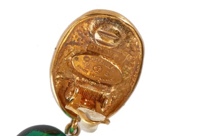 Lot 32 - A pair of Chanel gold-tone and green glass earrings, circa 1990