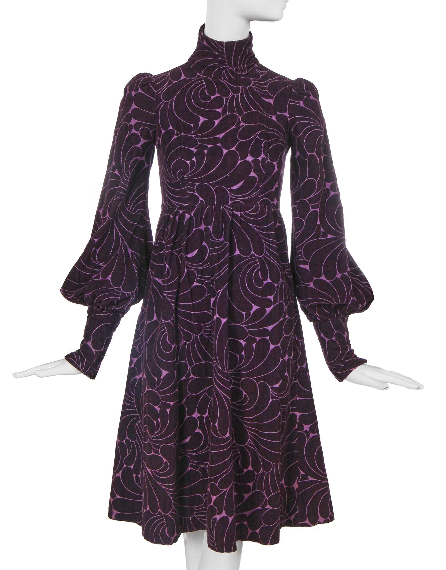 Lot 396 - A Biba dark purple corduroy 'banana' print dress, circa 1969