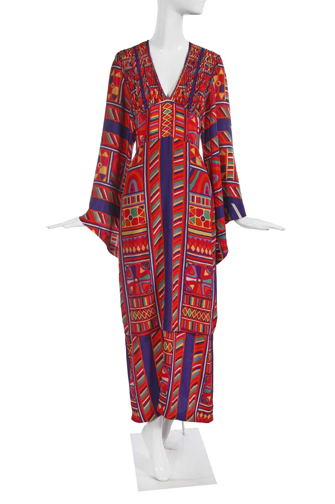 Lot 376 - A fine Thea Porter 'Samawa' printed silk satin dress, probably Autumn-Winter 1970-71