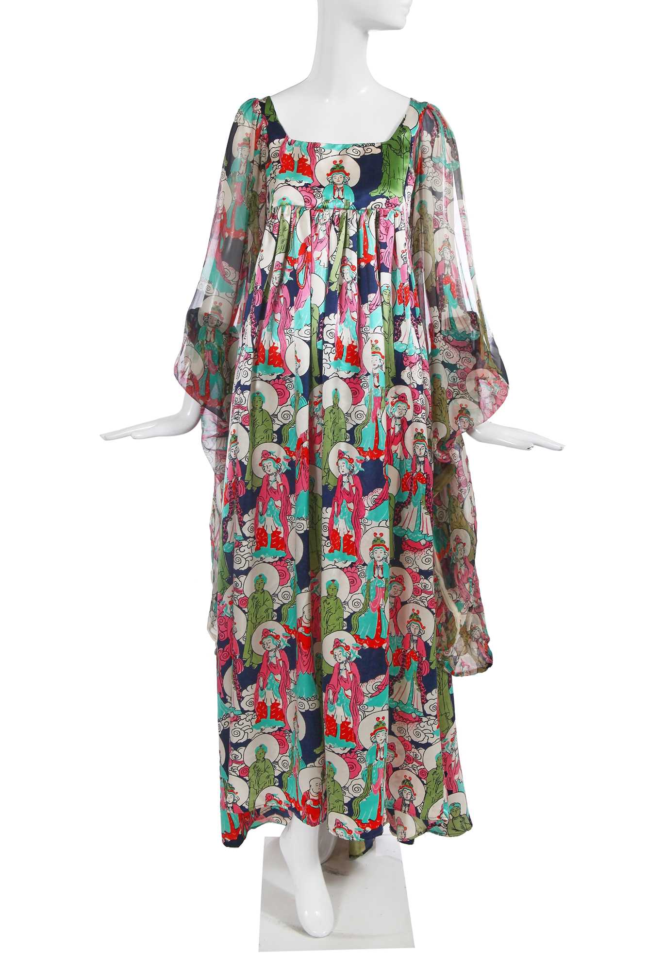 Lot 377 - A fine Thea Porter 'Buddha' printed silk satin and chiffon gown, Spring-Summer 1972