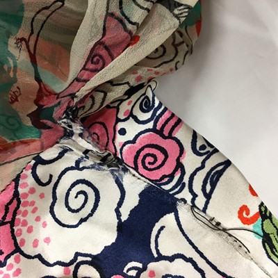 Lot 377 - A fine Thea Porter 'Buddha' printed silk satin and chiffon gown, Spring-Summer 1972