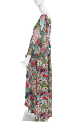 Lot 377 - A fine Thea Porter 'Buddha' printed silk satin and chiffon gown, Spring-Summer 1972