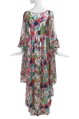 Lot 377 - A fine Thea Porter 'Buddha' printed silk satin and chiffon gown, Spring-Summer 1972